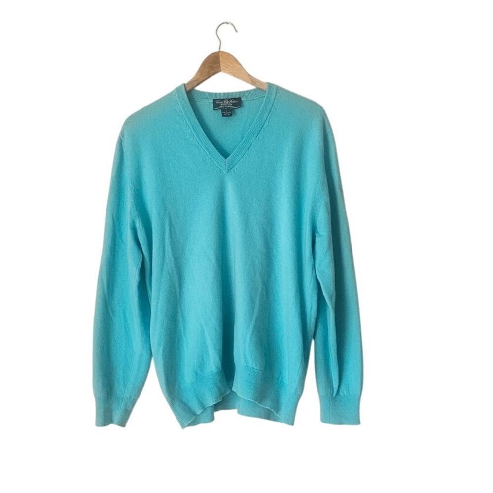 Brooks Brothers Scottish Cashmere Sweater Men's L Aqua Blue V-Neck Lightweight